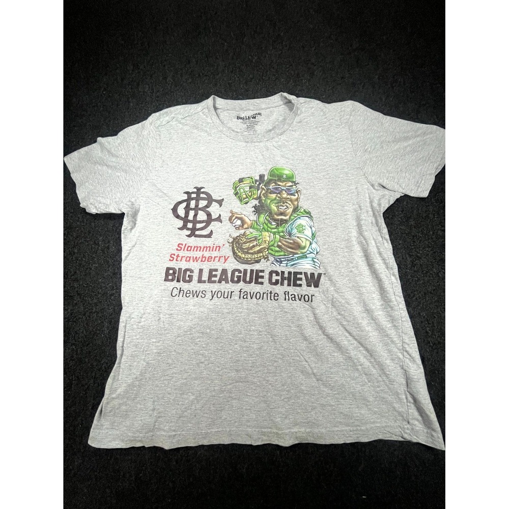 Big League Chew T Shirt Men's XL Gray Slammin Strawberry Baseball Graphic Print